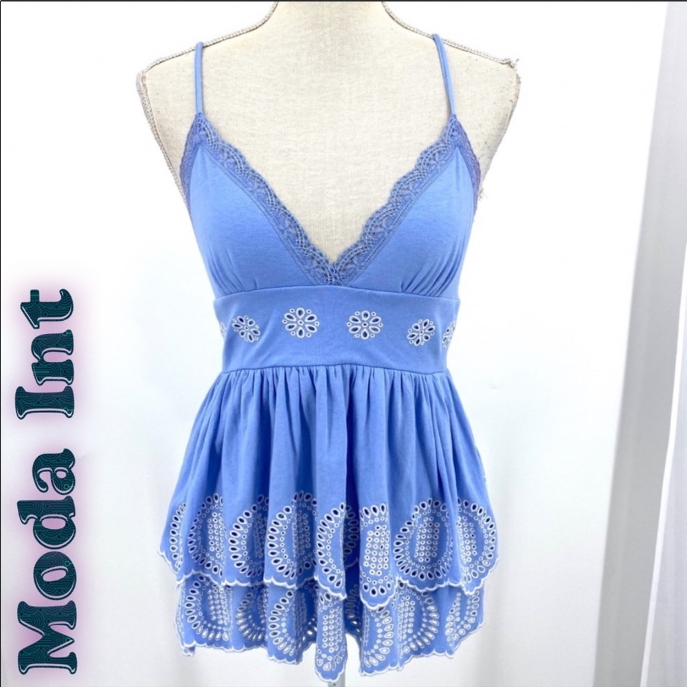 MODA International empire waist babydoll blue  top